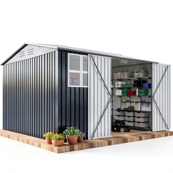 Outdoor Storage Shed 10x10 FT Grey Metal Garden Tool Shed by DAUSOLA-1