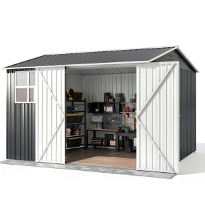 Outdoor Storage Shed 10x10 FT Grey Metal Garden Tool Shed by DAUSOLA-0