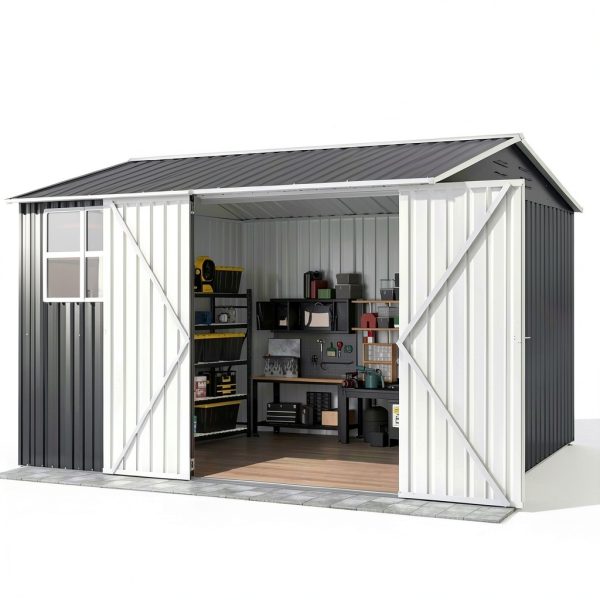 Outdoor Storage Shed 10x10 FT Grey Metal Garden Tool Shed by DAUSOLA-0
