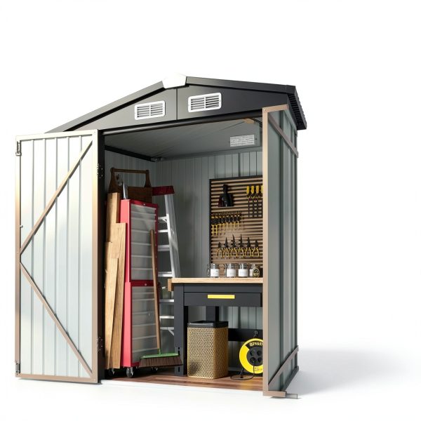 Aoxun 6.2x4 FT Shed Outdoor Storage Shed with Lockable Doors & Slooping Roof Metal Garden Tool Shed for Backyard, Patio, Poolside (Brown)-7