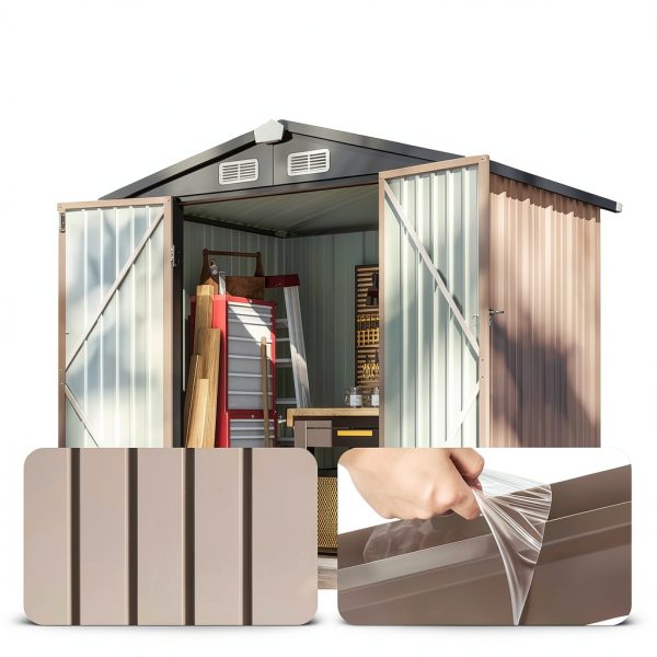 Aoxun 6.2x4 FT Shed Outdoor Storage Shed with Lockable Doors & Slooping Roof Metal Garden Tool Shed for Backyard, Patio, Poolside (Brown)-4