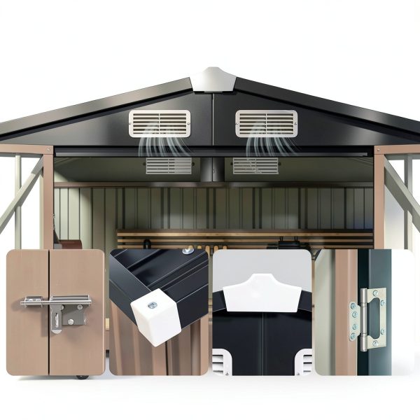 Aoxun 6.2x4 FT Shed Outdoor Storage Shed with Lockable Doors & Slooping Roof Metal Garden Tool Shed for Backyard, Patio, Poolside (Brown)-6