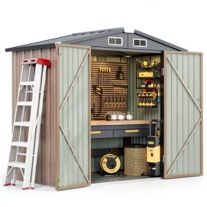 Aoxun 6.2x4 FT Shed Outdoor Storage Shed with Lockable Doors & Slooping Roof Metal Garden Tool Shed for Backyard, Patio, Poolside (Brown)-0