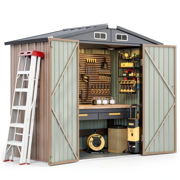 Aoxun 6.2x4 FT Shed Outdoor Storage Shed with Lockable Doors & Slooping Roof Metal Garden Tool Shed for Backyard, Patio, Poolside (Brown)-0