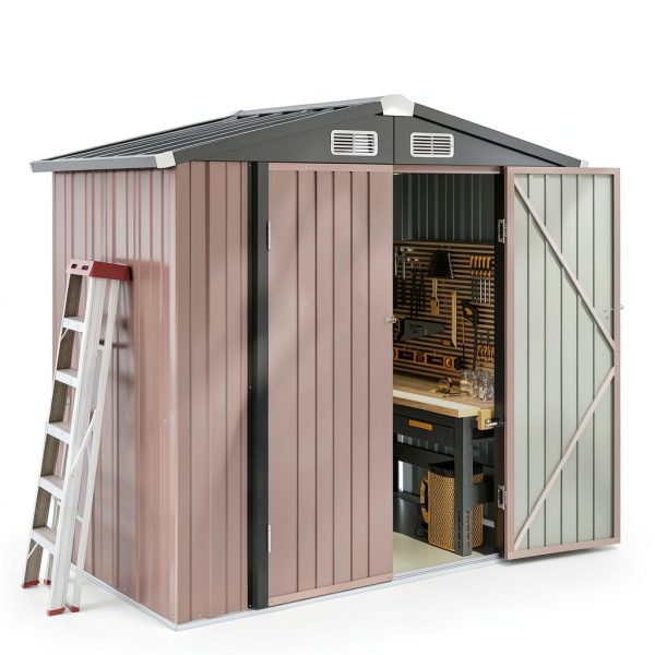 Aoxun 6.2x4 FT Shed Outdoor Storage Shed with Lockable Doors & Slooping Roof Metal Garden Tool Shed for Backyard, Patio, Poolside (Brown)-8